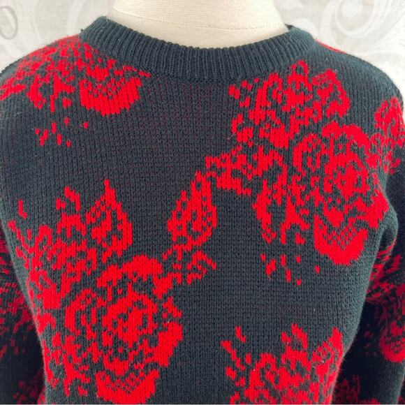 Rainbow Ridge Vintage 80s 90s Sweater Red Black Floral Medium - Picture 2 of 7